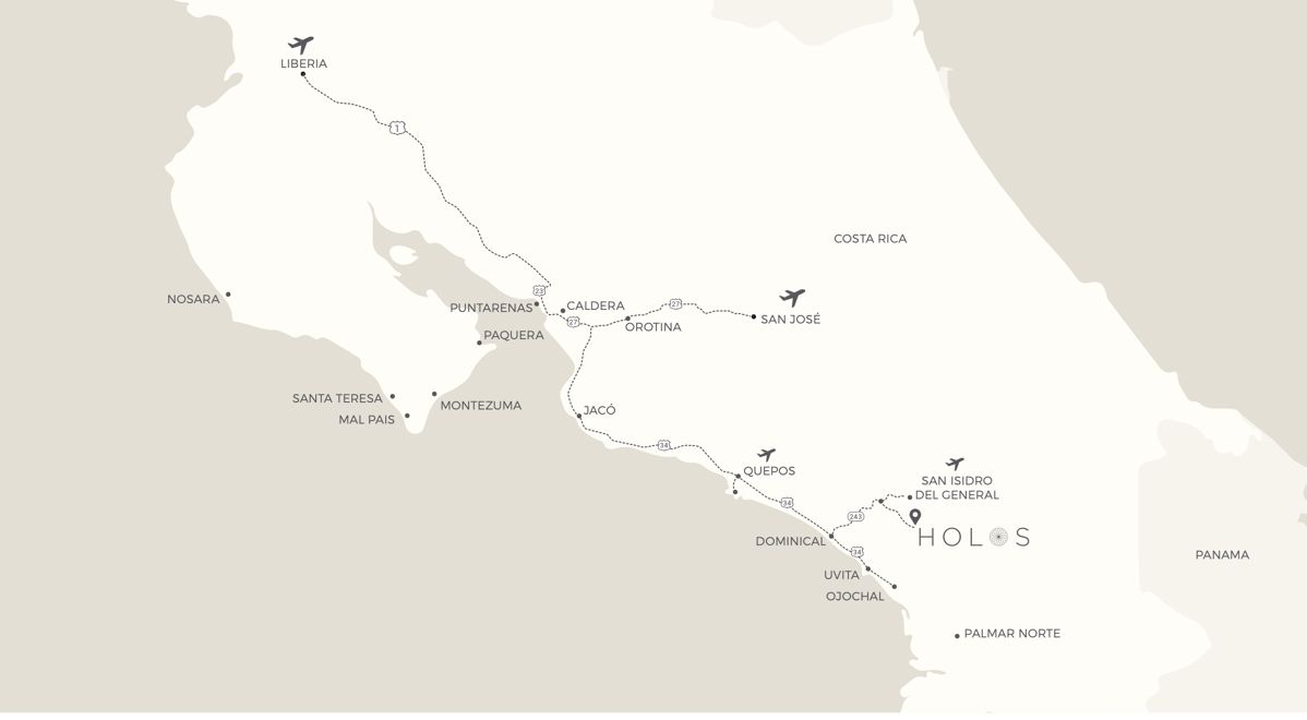 Map of Costa Rica showing the coastal route from Liberia, San José, Jacó and Quepos down to Dominical and Holos in the Diamante Valley